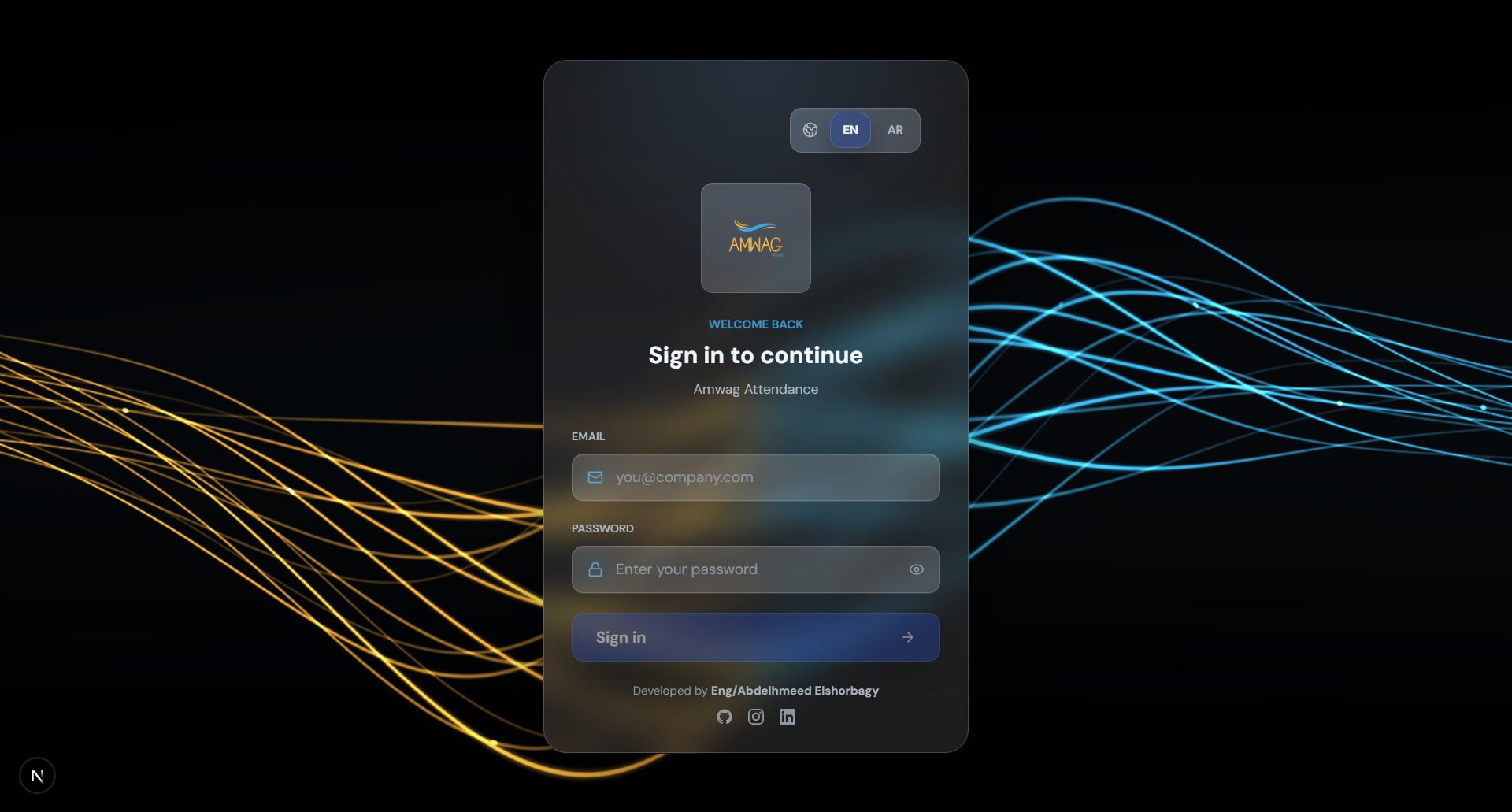 Bilingual Amwag Attendance sign-in screen with EN/AR toggle