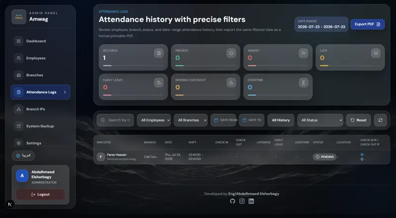 Attendance logs with employee, branch, status, and date-range filters and a PDF export button