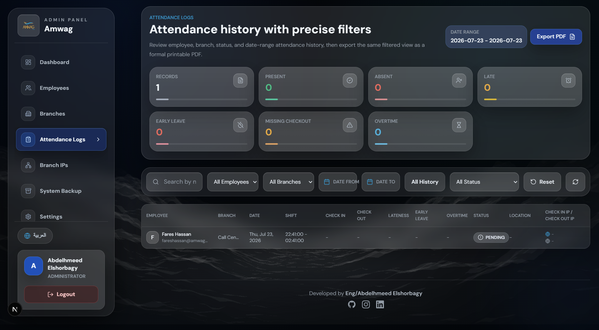 Attendance logs with employee, branch, status, and date-range filters and a PDF export button