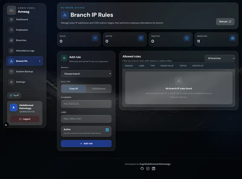 Branch IP rules screen for adding exact IP or CIDR allow-list entries