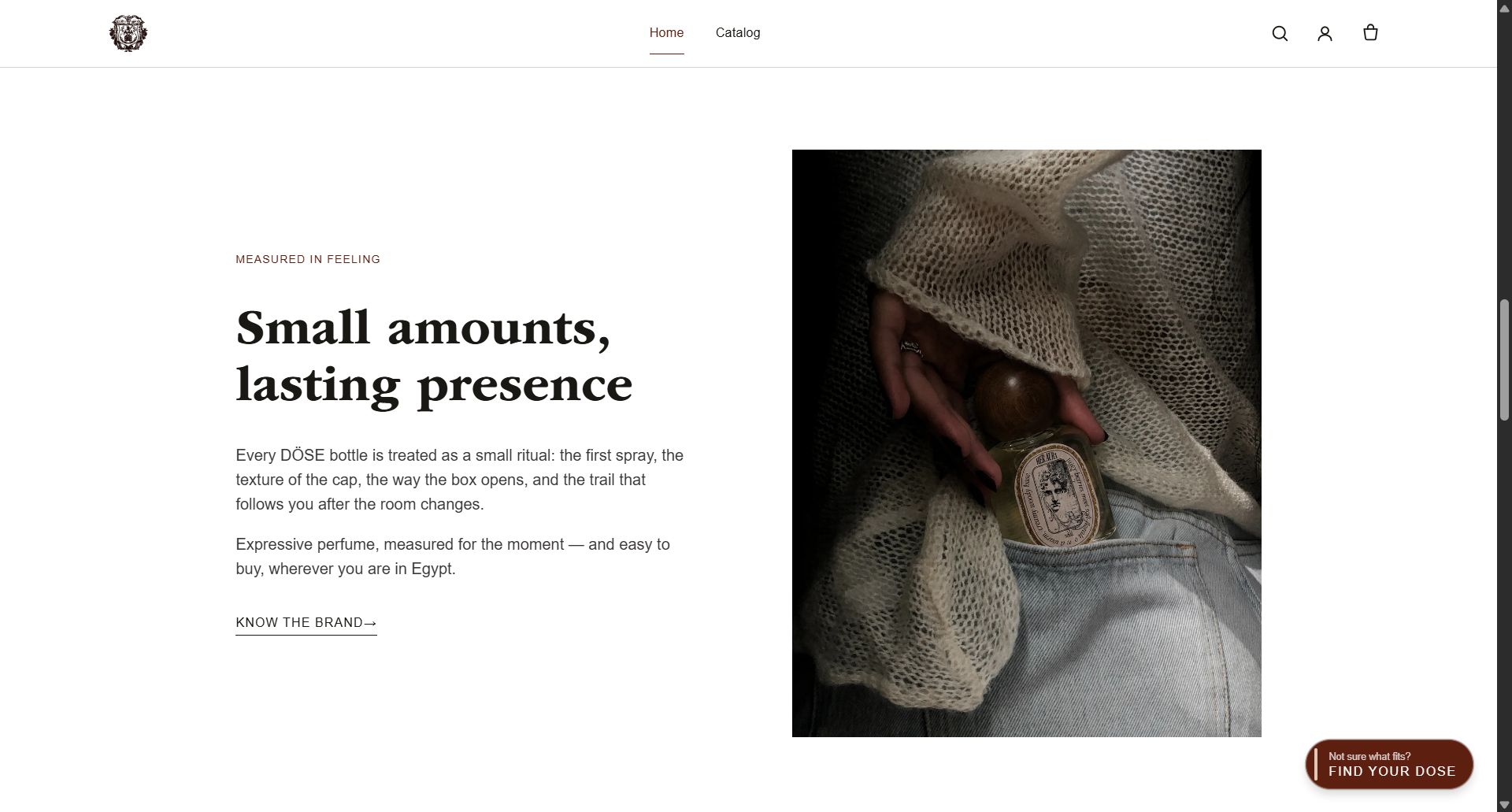 Homepage section headed 'Small amounts, lasting presence' with a moody perfume photograph