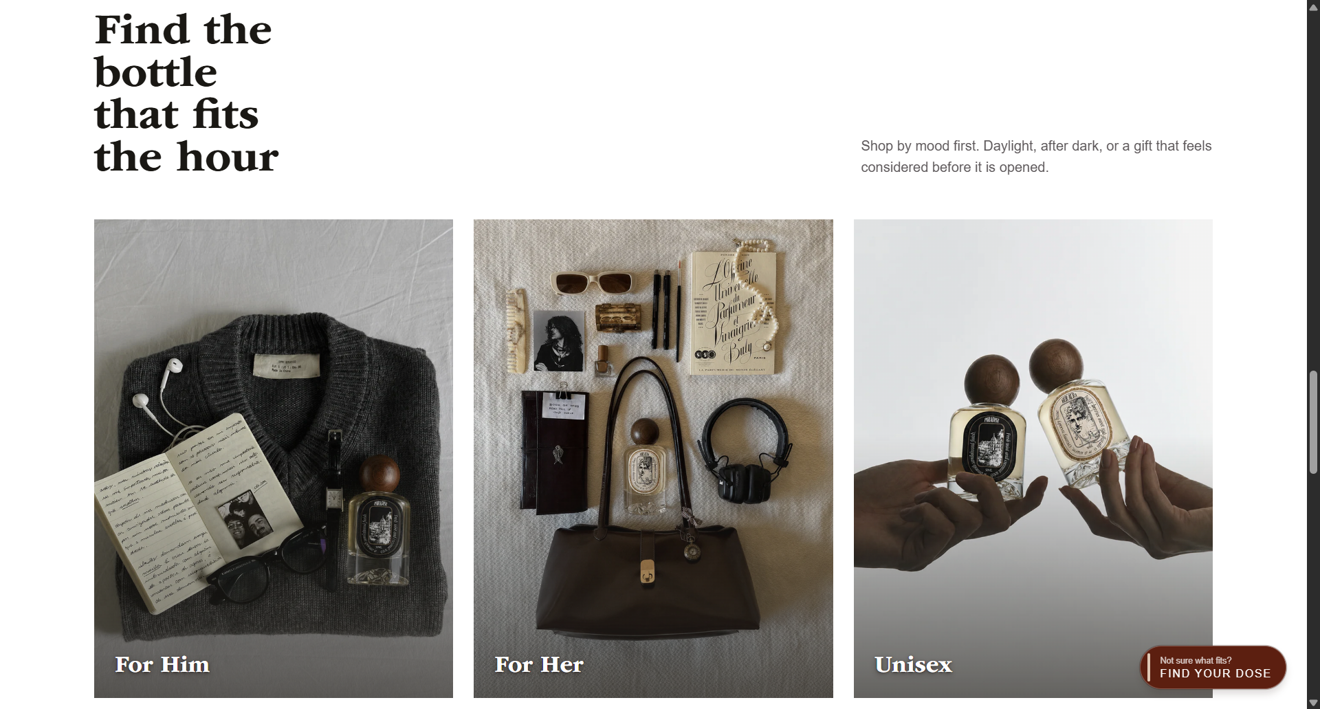 Homepage 'Find the bottle that fits the hour' section with For Him, For Her, and Unisex flat-lays