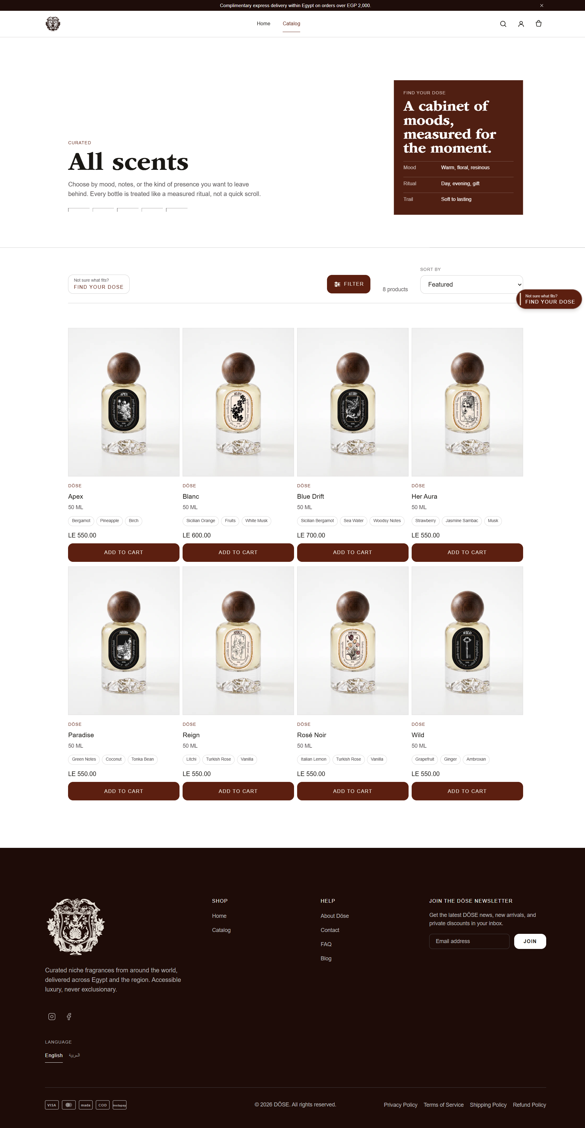 Catalog page titled 'All scents' with eight fragrances, mood filters, and a 'cabinet of moods' panel