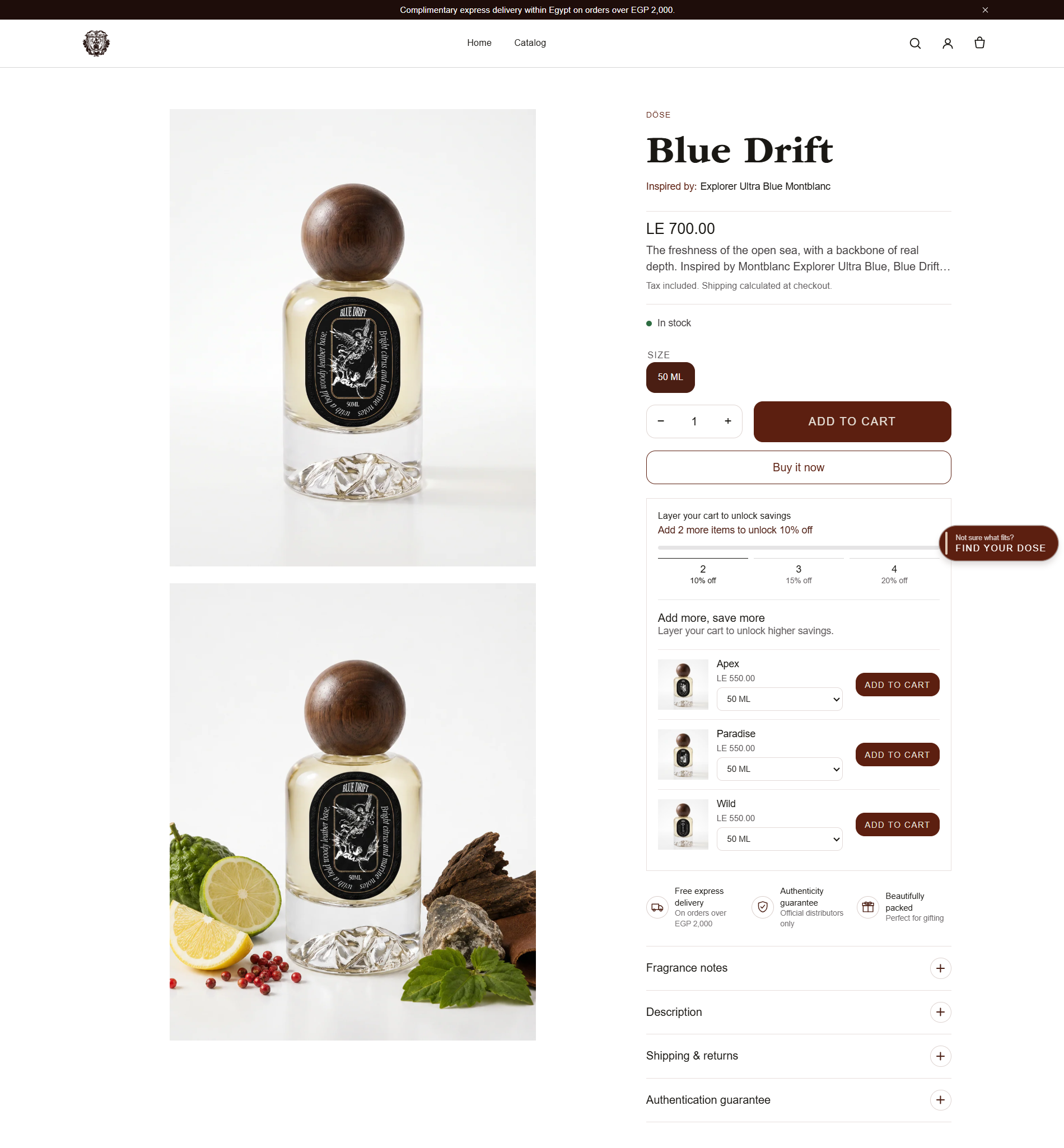 Blue Drift product page with imagery, scent description, tiered cart-savings, and cross-sell