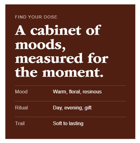 Catalog panel titled A cabinet of moods, measured for the moment, listing mood, ritual and trail